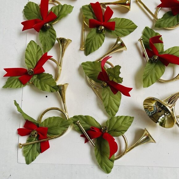 Gold Horn Napkin Rings Poinsettia Green Red Bells Christmas Holiday Party - Picture 2 of 6